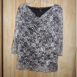 Susan Lawrence Animal Print V-Neck Sheer 3/4 Sleeve Lined Top L
